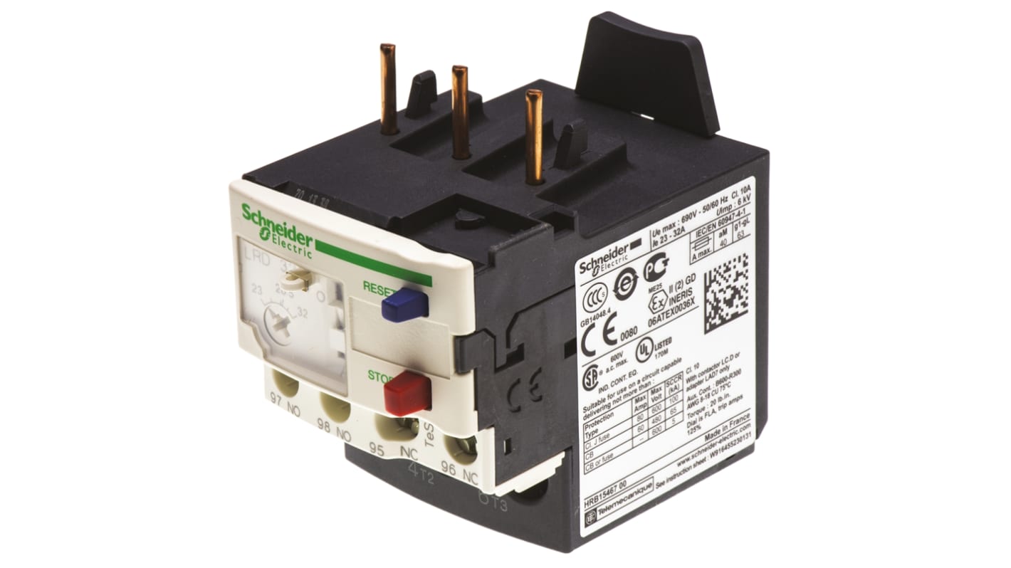 Relè di Sovraccarico Termico Schneider Electric LRD32, 23-32A, Reti CA e CC, Peso 124g - Protezione motori trifase, certificato ATEX, facile da installare.