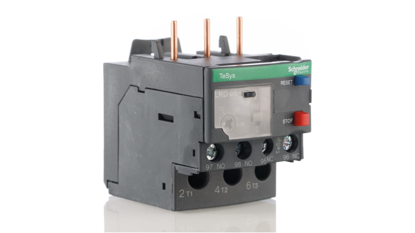 Relè di sovraccarico termico Schneider Electric LRD06, 1 NO + 1 NC, carico FLC 1-1,6 A. Protezione affidabile per motori trifase, reset manuale/automatico. Ideale per automazione industriale.