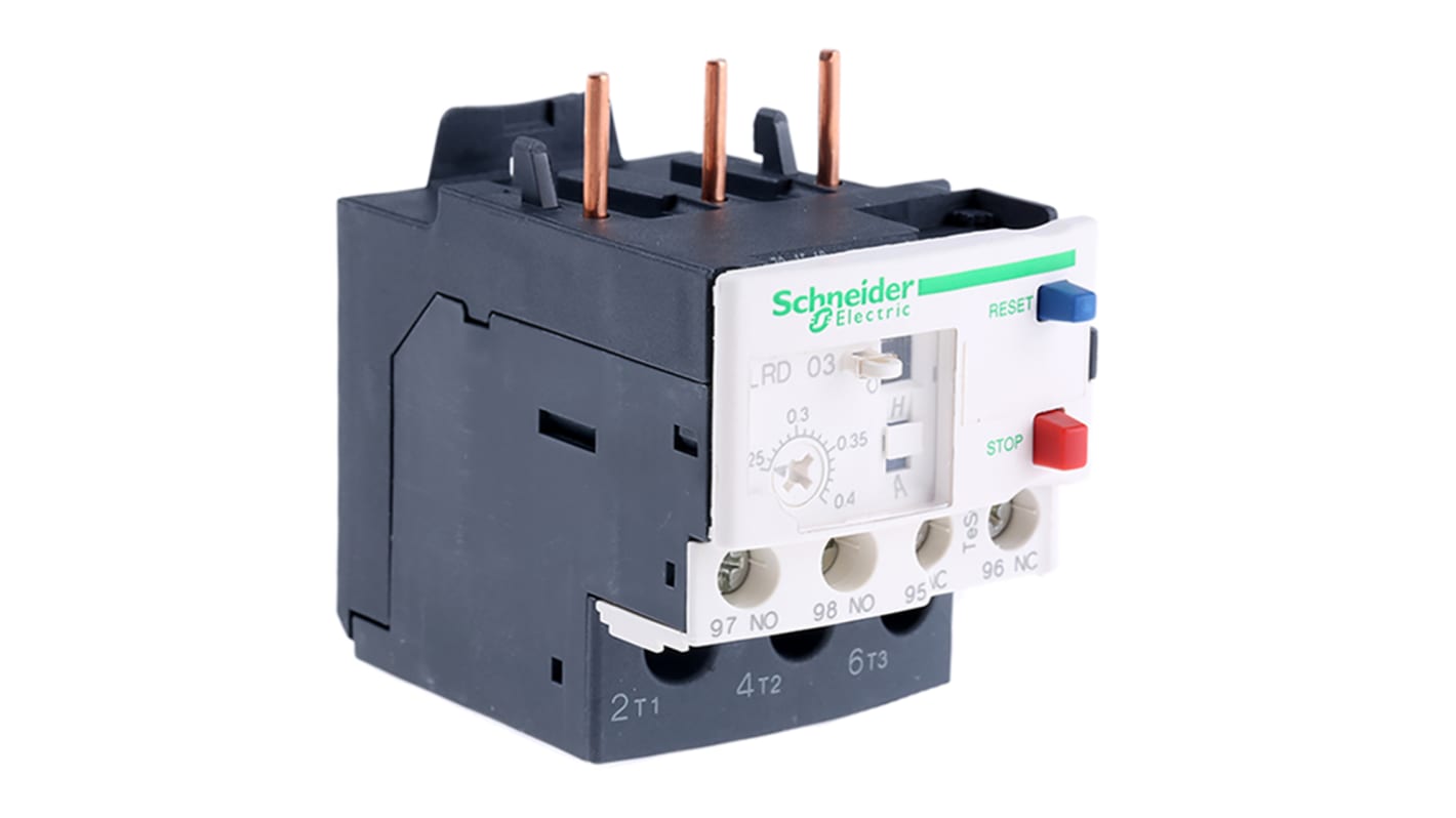 Relè termico tripolare Schneider Electric LRD03, 1 NO + 1 NC, FLC 0,25-0,4 A. Protezione da sovraccarichi e guasti per circuiti c.a. Montaggio facile.