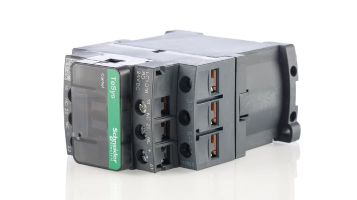 Contattore Schneider Electric LC1D18BD 3 poli 32A 7,5 kW 24V c.c. Resistente a sovratensioni, ideale per industria automazione e robotica.