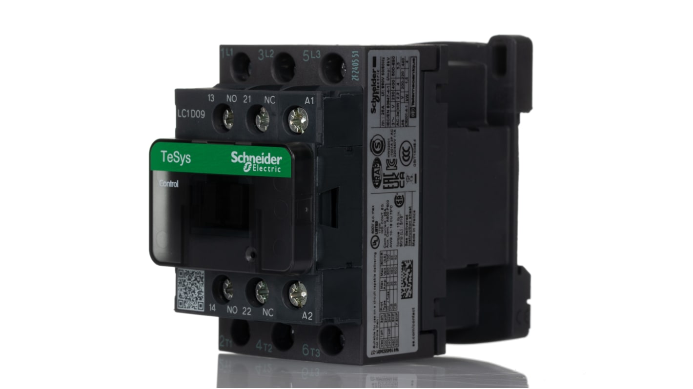 Contattore Schneider Electric LC1D09B7, 3 poli, 9 A, 4 kW, 24 V c.a. per automazione industriale - Resistente e affidabile, con durata meccanica di 15M cicli.