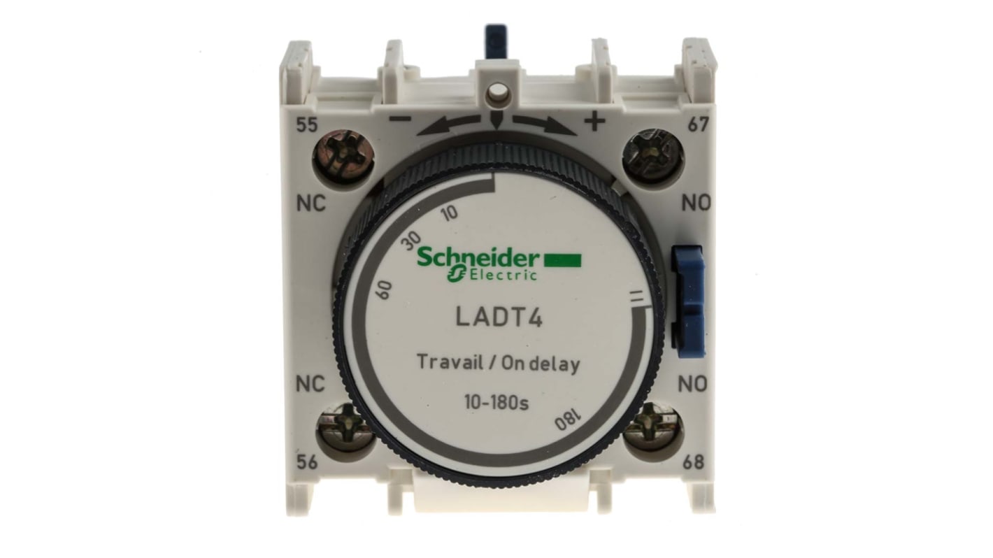 Timer pneumatico Schneider Electric LADT4 per contattore TeSys serie D: ritardo all'accensione da 1 a 30 secondi, 690 V CA. Ideale per ambienti commerciali e industriali.