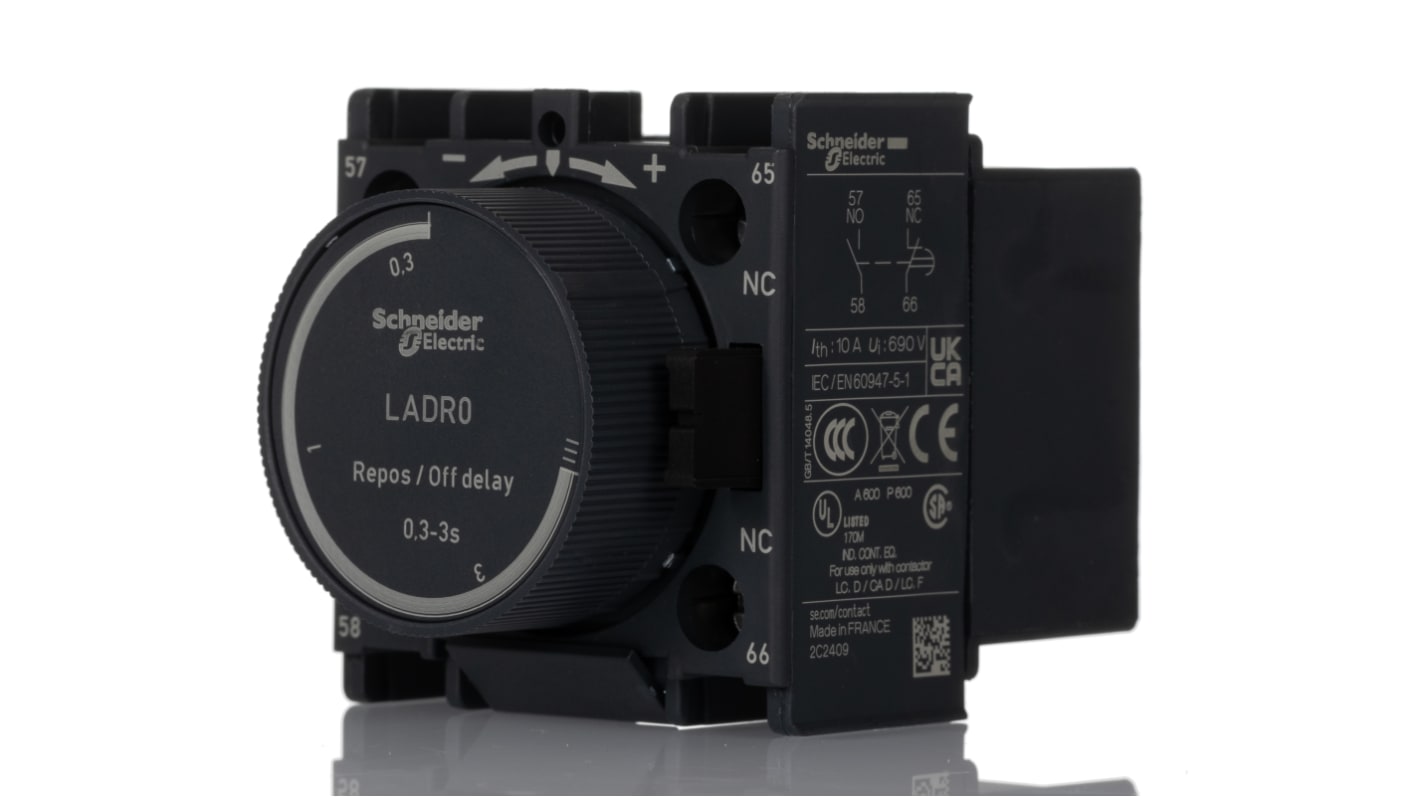 Timer pneumatico Schneider Electric LADR0 per TeSys Deca CAD, LC1D, CR1F, LC1F. Ritardo allo spegnimento da 0.1 a 3s, 690V, montaggio anteriore. Ideale per controllo preciso del motore.