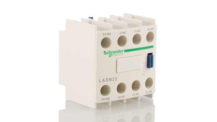 Unità di contatto ausiliaria Schneider Electric LADN22, 2NC + 2NO, 10A, montaggio frontale. Ideale per sistemi di controllo a relè e applicazioni ad alta temperatura.