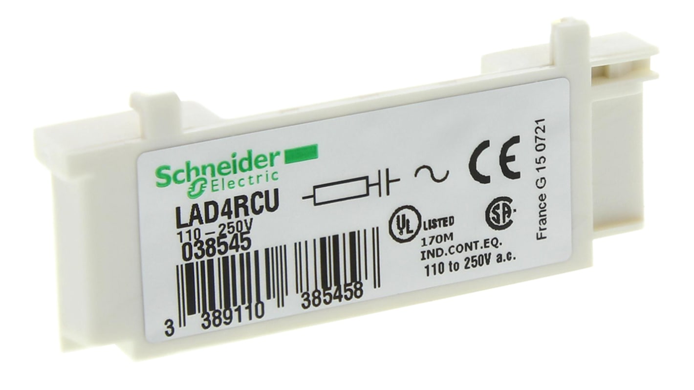 Soppressore sovratensioni Schneider Electric LAD4RCU per Serie TeSys D, protezione circuiti da 110 a 240V, montaggio su contattori e relè.