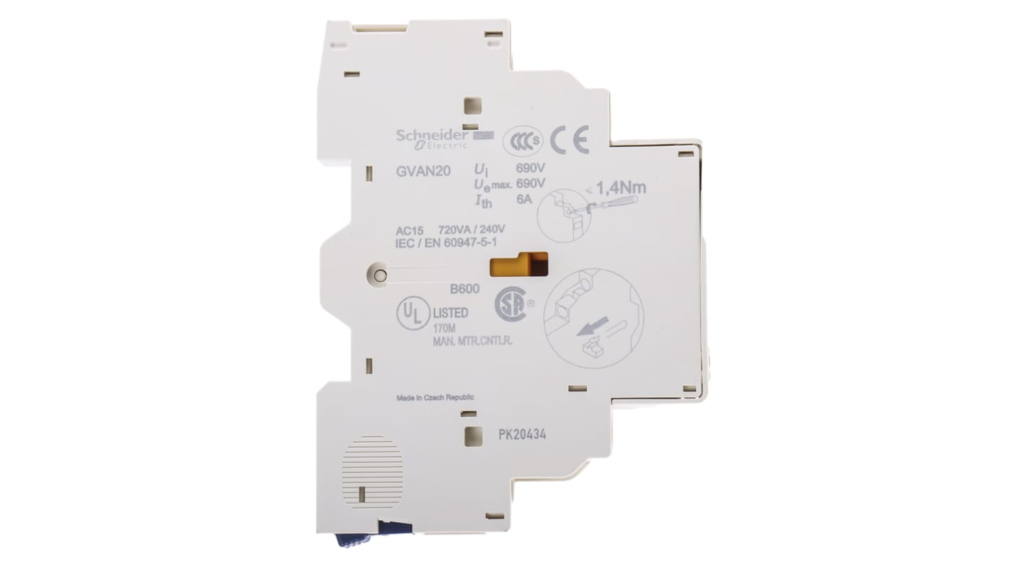 Contatto Ausiliario Schneider Electric GVAN20, 2 contatti, montaggio laterale. Affidabile per circuiti di controllo, compatto e versatile.