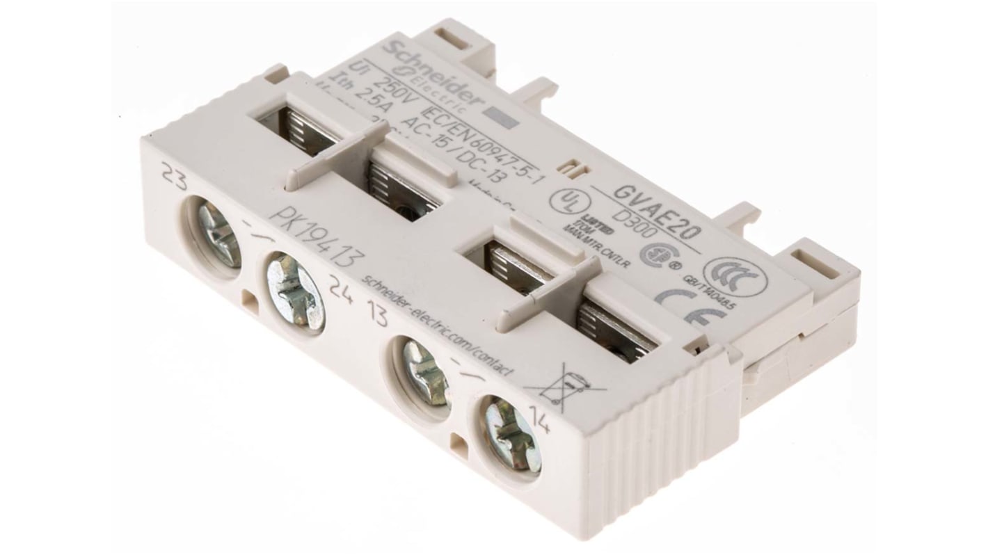 Contatto ausiliario Schneider Electric GVAE20, 2 contatti, montaggio frontale per circuiti di controllo sicuri. Compatto e affidabile, ideale per spazi ristretti.