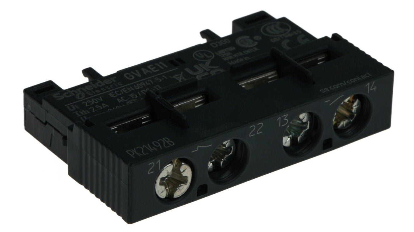 Contatto ausiliario Schneider Electric GVAE11, 2 contatti 1 N/C + 1 N/A, 2,5A. Montaggio frontale per TeSys GV2L, ideale per applicazioni industriali.