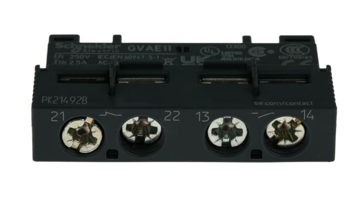 Contatto ausiliario Schneider Electric GVAE11, 2 contatti 1 N/C + 1 N/A, 2,5A. Montaggio frontale per TeSys GV2L, ideale per applicazioni industriali.