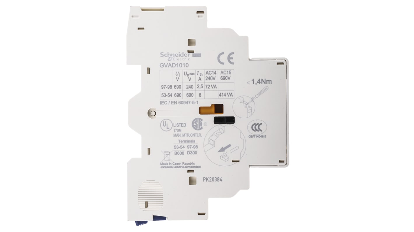 Contatto ausiliario Schneider Electric GVAD1010, 2 contatti, montaggio laterale - Ideale per circuiti sicuri e spazi ristretti, 100.000 cicli di durata meccanica.