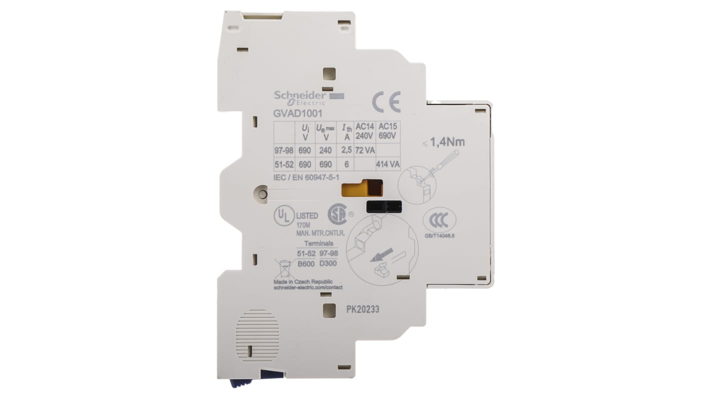 Contatto ausiliario Schneider Electric GVAD1001, 2 contatti (1 N/C + 1 N/A), montaggio laterale, tensione 240 V c.c. e 690 V c.a.