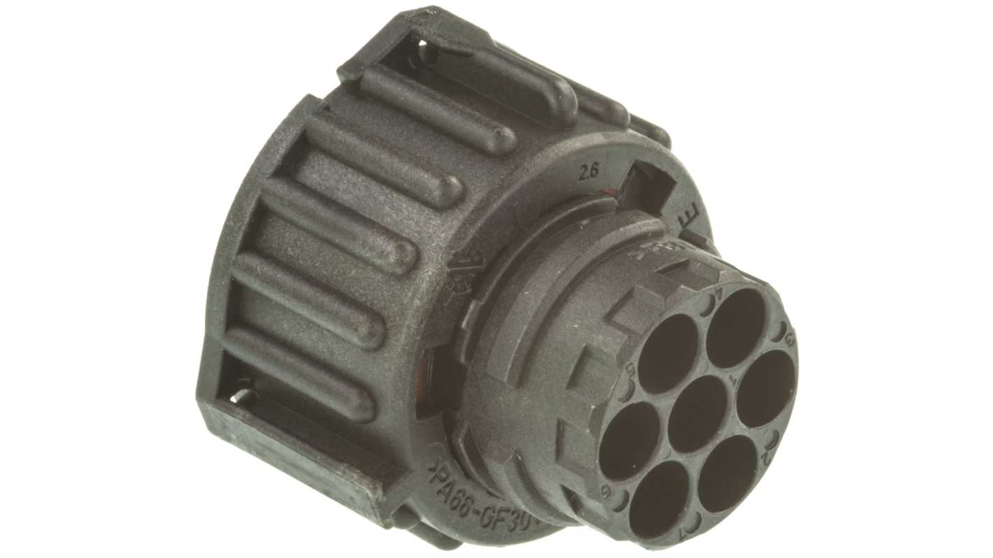 Connettore femmina DIN 7 poli TE Connectivity 967650-1, IP69K, montaggio su cavo, resistenza a vibrazioni, temperatura -40/+120 °C.