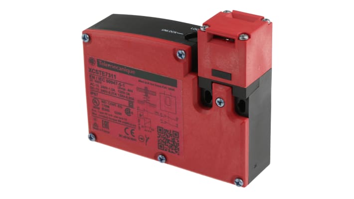 Interruttore di interblocco a solenoide Telemecanique Sensors XCSTE7311, 24V, IP67, 2 contatti NC, dimensioni 93.5mm x 33mm x 110mm.
