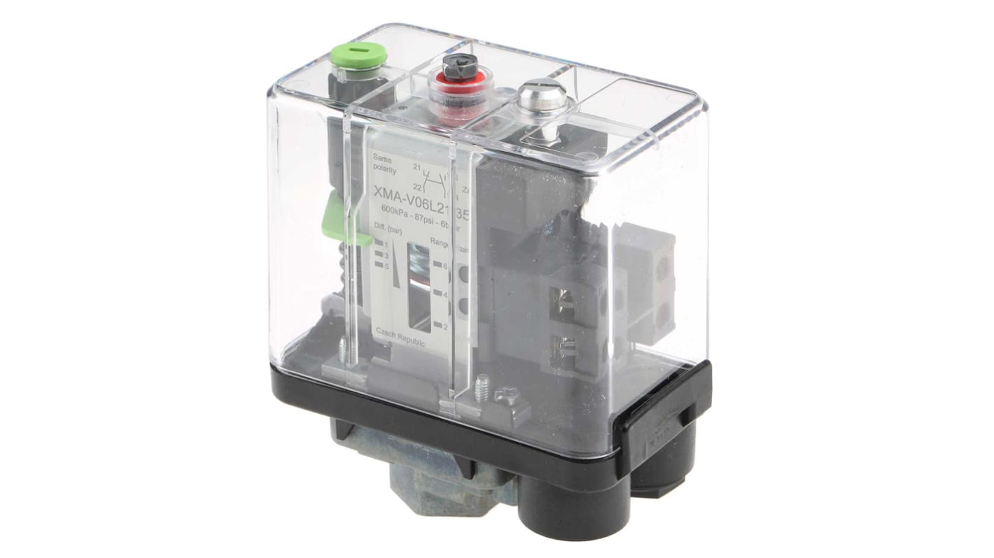 Sensore di pressione differenziale Telemecanique Sensors XMAV06L2135, max 6 bar, uscita relè, grado di protezione IP54.