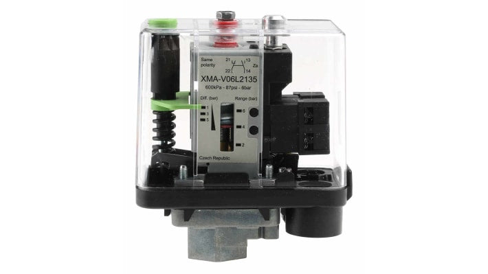 Sensore di pressione differenziale Telemecanique Sensors XMAV06L2135, max 6 bar, uscita relè, grado di protezione IP54.