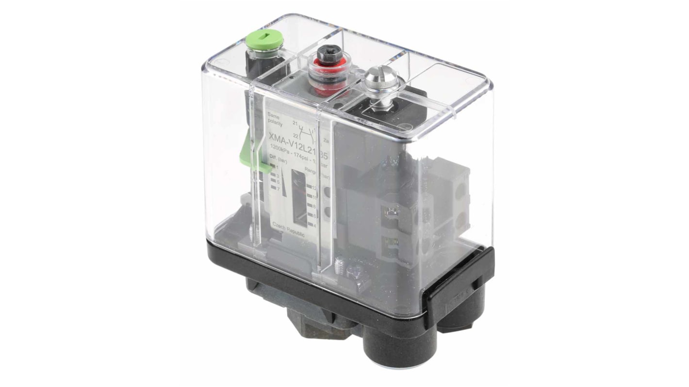 Sensore di pressione differenziale Telemecanique Sensors XMAV12L2135, max 12 bar, uscita relè, grado di protezione IP54.