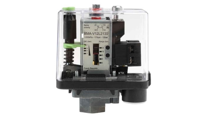 Sensore di pressione differenziale Telemecanique Sensors XMAV12L2135, max 12 bar, uscita relè, grado di protezione IP54.
