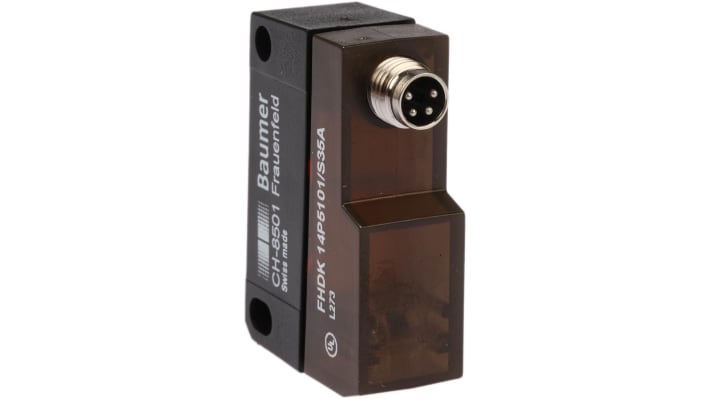 Sensore fotoelettrico rettangolare Baumer FHDK 14P5101/S35A, rilevamento 20-350 mm, uscita PNP, IP67, montaggio con staffa inclusa.