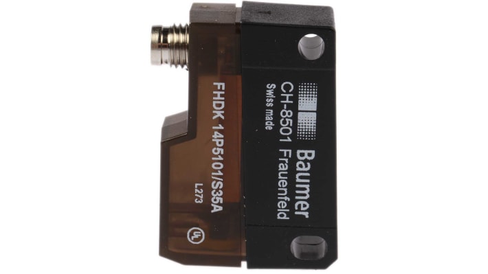 Sensore fotoelettrico rettangolare Baumer FHDK 14P5101/S35A, rilevamento 20-350 mm, uscita PNP, IP67, montaggio con staffa inclusa.
