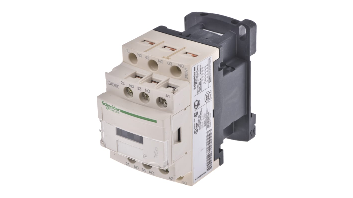 Contattore Schneider Electric CAD50F7 TeSys D 5NO 10A per automazione industriale. Tecnologia Everlink, conformità agli standard internazionali. Ideale per avviatori e sistemi di controllo.