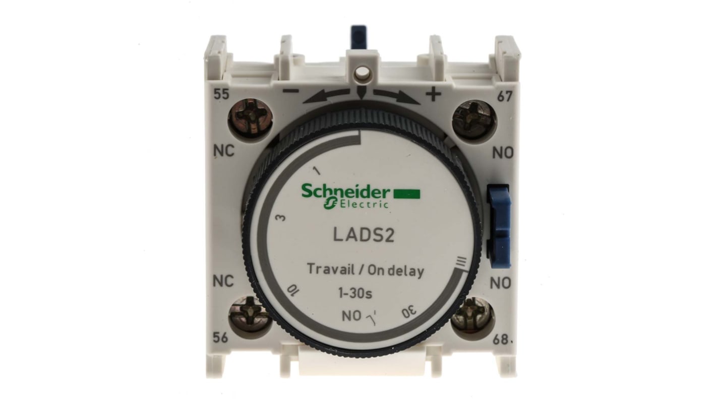 Schneider Electric LADS2 Timer pneumatico TeSys D per Contattore CAD TeSys - Serie D. Timer analogico da 1 a 30s, 10A, 690V CA. Protezione IP20 per ambienti industriali. Ideale per settori tessili, alimentari e cantieri navali.