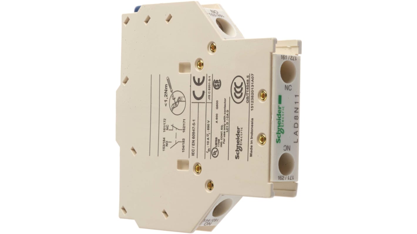 Schneider Electric LAD8N11 Blocco di contatti ausiliari 2 contatti 1NO + 1NC Serie LAD8 per automazione industriale - Resistenza 30 milioni di operazioni meccaniche IP20 - Facile montaggio.
