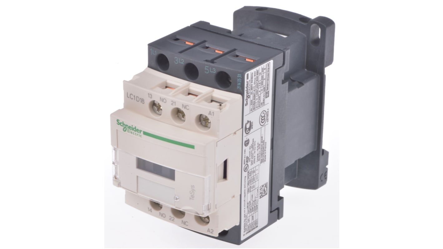 Contattore Schneider Electric LC1D18V7, 3 poli, 3 contatti NA, 18 A, montaggio su guida DIN, dimensioni 77x45x84 mm.