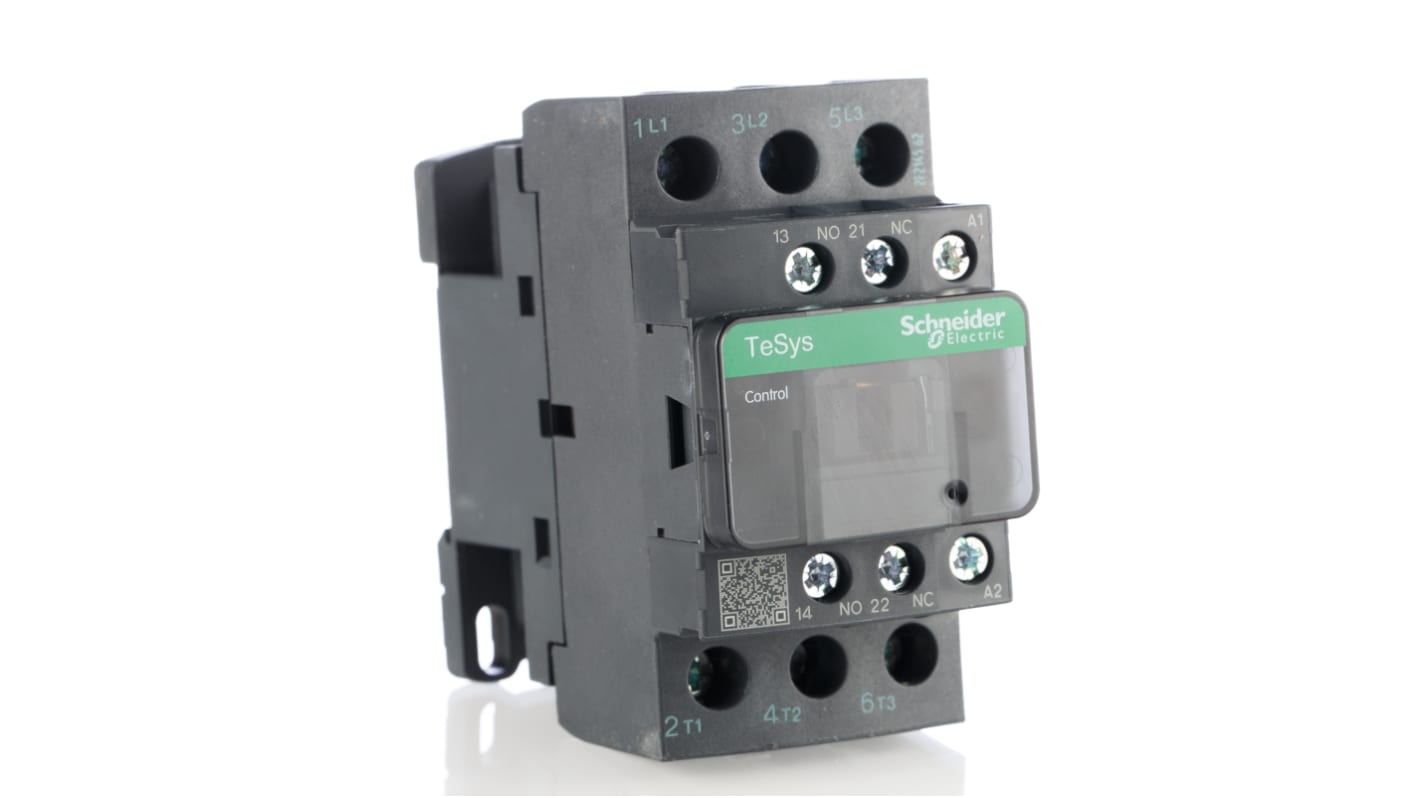 Contattore Schneider Electric LC1D25F7, 3 poli, 25A, 11kW, 110V c.a. per avviamento motori. Resistente a urti e vibrazioni, ideale per pompe e ventilatori.
