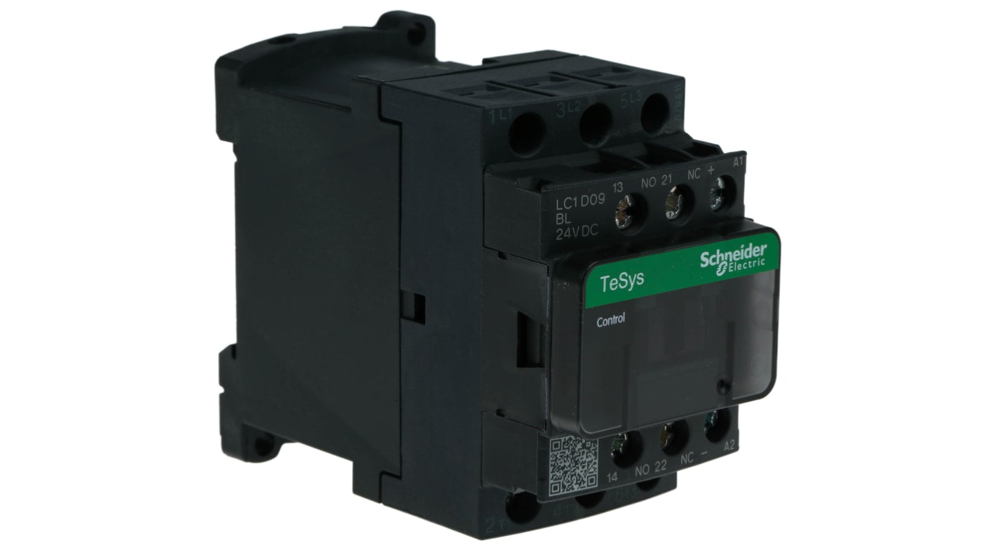 Contattore Schneider Electric LC1D09BL, 3P 3NA 9A 4kW 24V CC per circuiti di controllo industriale. Ideale per settori agricoli e alimentari.