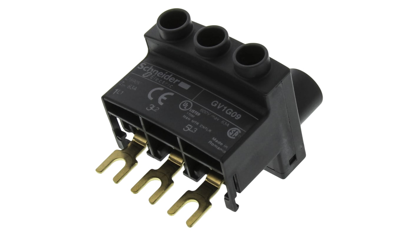 Morsettiera Schneider Electric GV1G09 per collegamenti di potenza a interruttore di circuito per motori GV2. Corrente massima 63A, grado di protezione IP20. Ideale per settore automobilistico, difesa e controllo di processo.