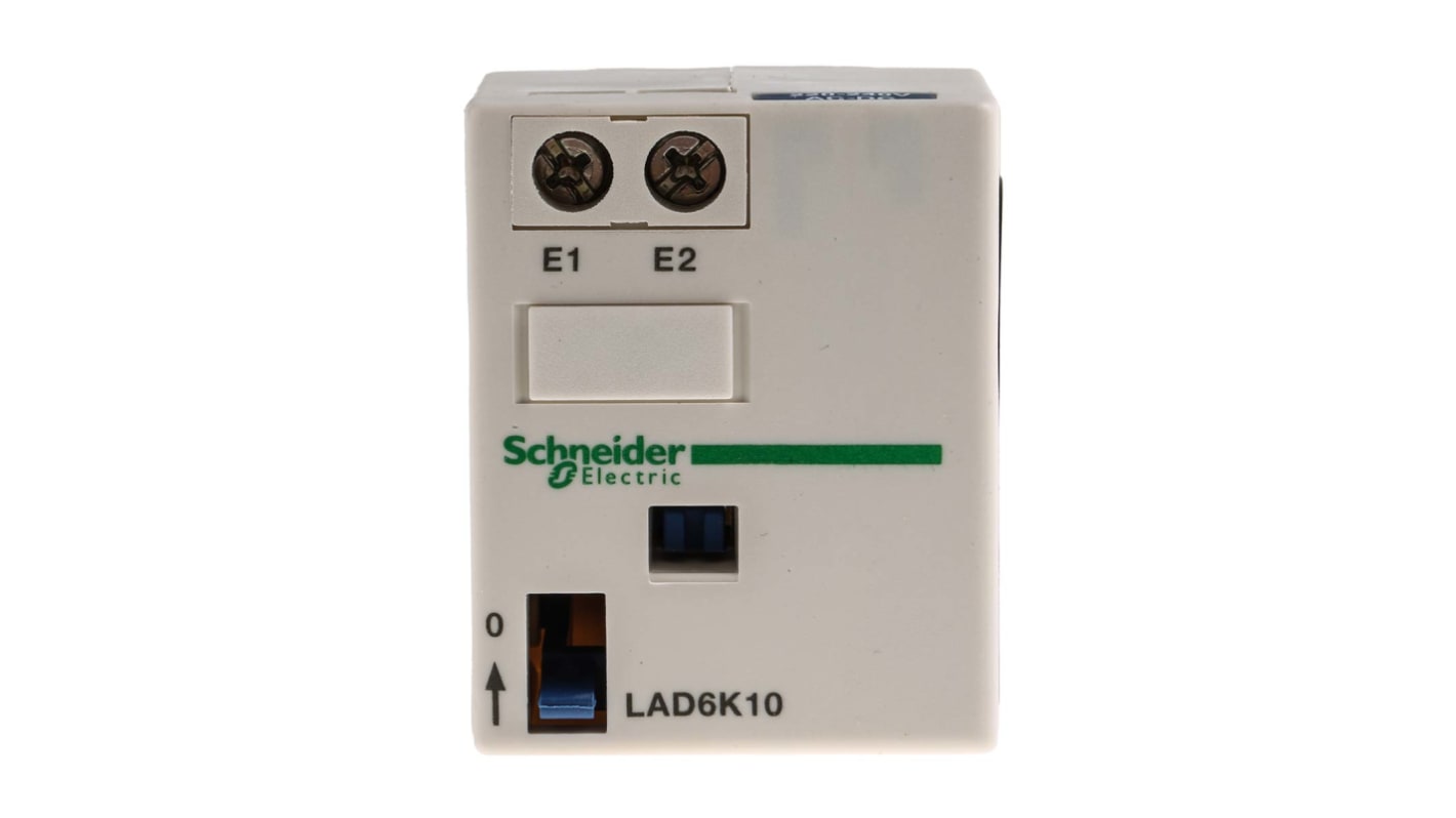 Blocco chiusura contattore Schneider Electric LAD6K10M, montaggio frontale, attivazione remota, impulso di sganciamento elettrico.