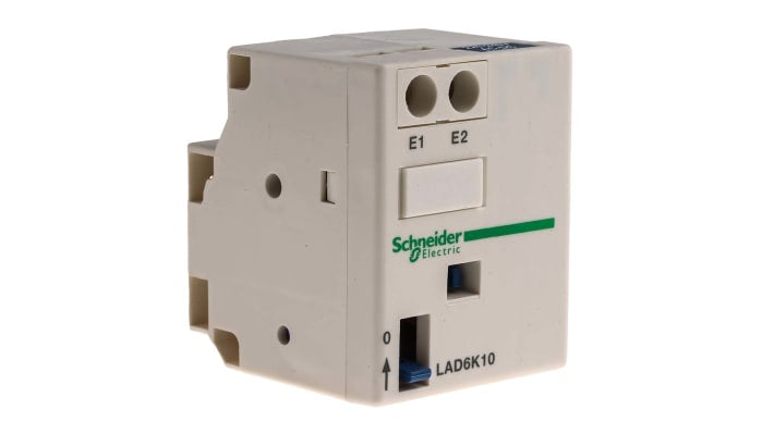 Blocco chiusura contattore Schneider Electric LAD6K10M, montaggio frontale, attivazione remota, impulso di sganciamento elettrico.