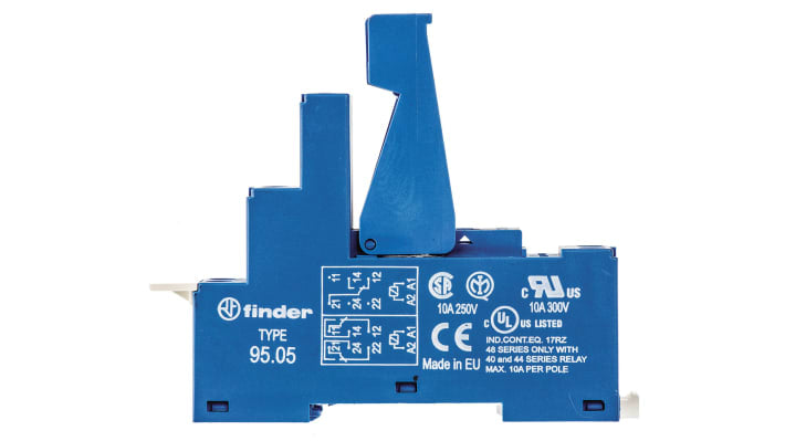 Finder 95.05SPA, zoccolo per relè serie 40.52 e 40.61, con connettore femmina blu a 8 pin, montaggio su pannello o guida DIN.