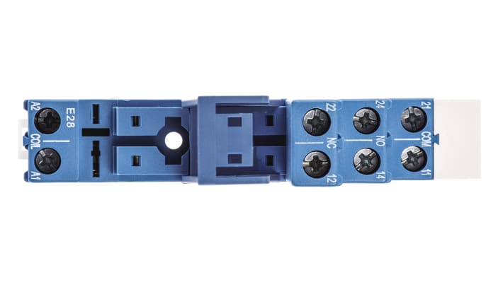 Finder 95.05SPA, zoccolo per relè serie 40.52 e 40.61, con connettore femmina blu a 8 pin, montaggio su pannello o guida DIN.