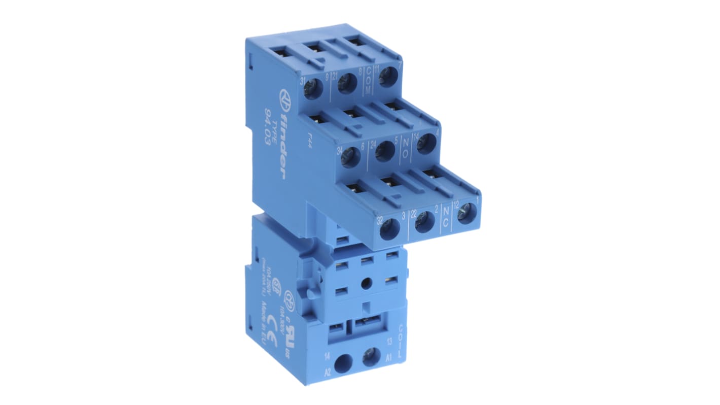 Finder 94.03SMA, zoccolo per relè serie 55.33, montaggio su guida DIN, 11 pin, tensione 250VAC, corrente 10A, con indicazione LED e protezione contro inversione di polarità.