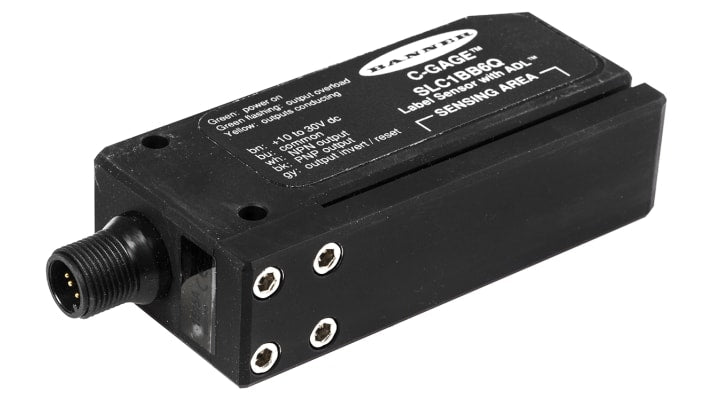 Sensore fotoelettrico rettangolare Banner SLC1BB6Q, rilevamento etichette, uscita PNP, IP67, alimentazione 10-30 V c.c.