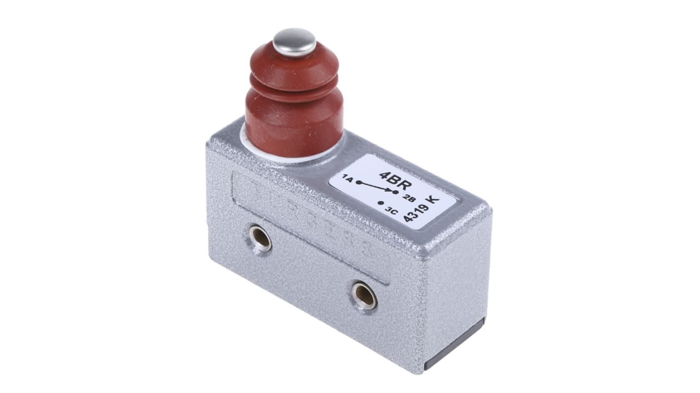 Microinterruttore Saia-Burgess 1710 SPDT 15A 250V CA IP54 con viti. Design compatto per automotive ed elettronica. Durata meccanica 10^6 operazioni.