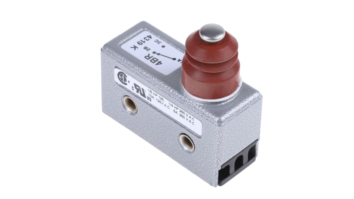 Microinterruttore Saia-Burgess 1710 SPDT 15A 250V CA IP54 con viti. Design compatto per automotive ed elettronica. Durata meccanica 10^6 operazioni.