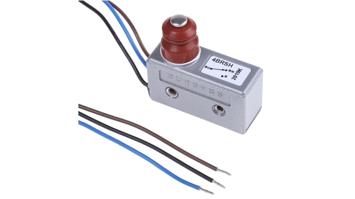 Microinterruttore pre-cablato Saia-Burgess SP-CO, IP67, 15 A a 250 V, dimensioni 21 mm x 29 mm x 53 mm, montaggio con foro passante.