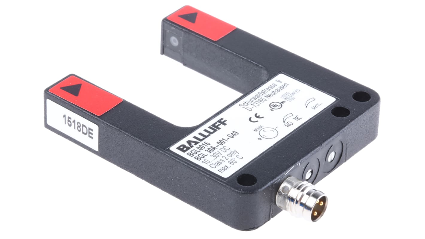 Sensore fotoelettrico a forcella BALLUFF BGL 30 A-001-S49, rilevamento 30 mm, uscita PNP, IP67, alimentazione 10-30 V cc.