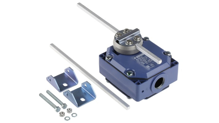 Interruttore di fine corsa leva Telemecanique Sensors XCRE18, 2NA e 2NC, protezione IP54, dimensioni 95mm x 85mm x 53mm.