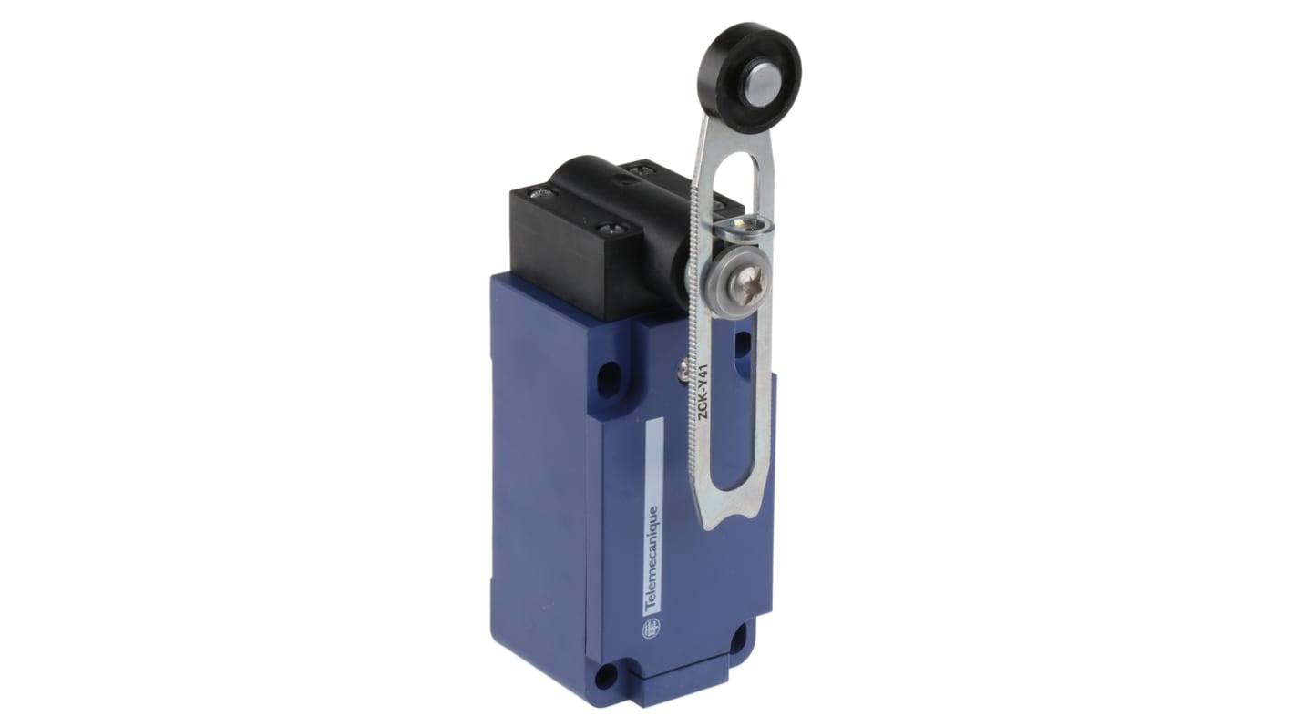 Interruttore di fine corsa Telemecanique Sensors XCKS141, leva NO/NC, IP65, 240V, 3A, dimensioni 40mm x 117-172mm x 57mm.