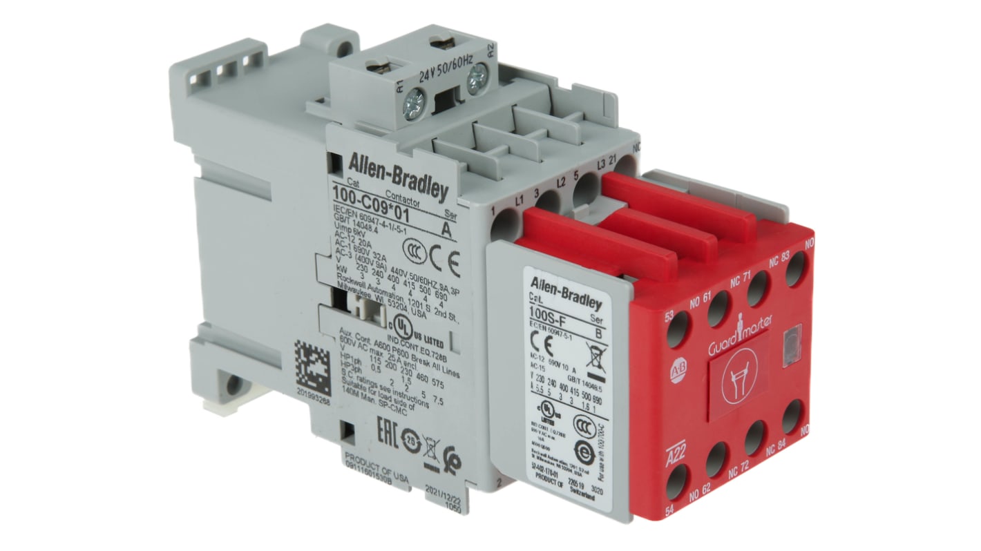 Contattore 3 poli Allen Bradley 100S-C09KJ23C, 5NO + 3NC, bobina 24 V c.a., dimensioni 81 x 45 x 119,5 mm.