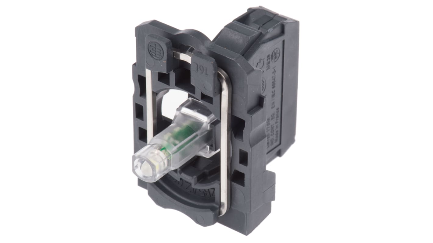 Blocco luminoso LED bianco Schneider Electric, tensione 24V, corrente 18mA, durata 100000 ore, montaggio con collare incluso.