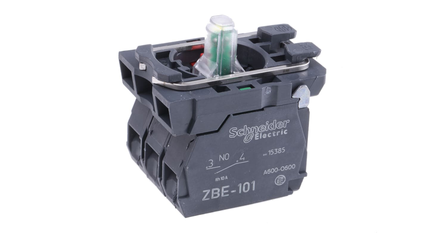 Blocco contatti luminoso Schneider Electric ZB5AW0B15, 1 NA + 1 NC, LED integrato, tensione 24V, corrente 10A, montaggio a vite.