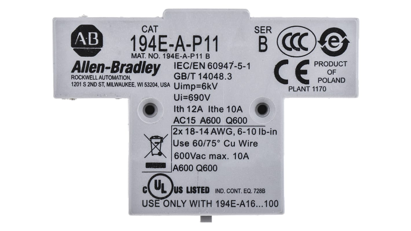Contatto ausiliario Allen Bradley 194E-A-P11: 1 N/C + 1 N/A, montaggio laterale, corrente nominale 6A. Ideale per applicazioni industriali.