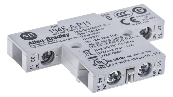 Contatto ausiliario Allen Bradley 194E-A-P11: 1 N/C + 1 N/A, montaggio laterale, corrente nominale 6A. Ideale per applicazioni industriali.