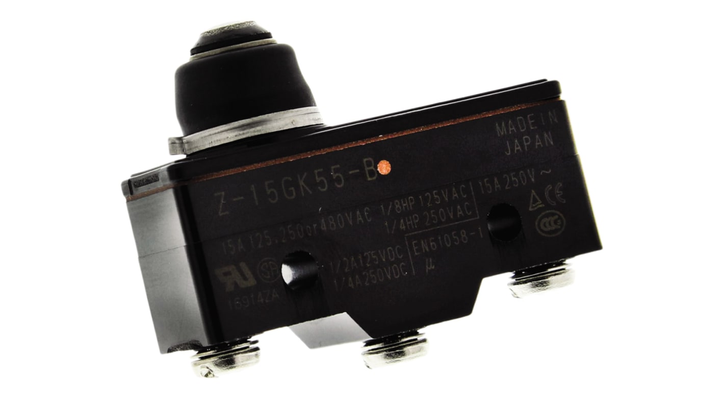 Interruttore di fine corsa Omron Z-15GK55B, stantuffo SPDT, contatti NO/NC, dimensioni 37.4mm x 49.2mm x 17.45mm.