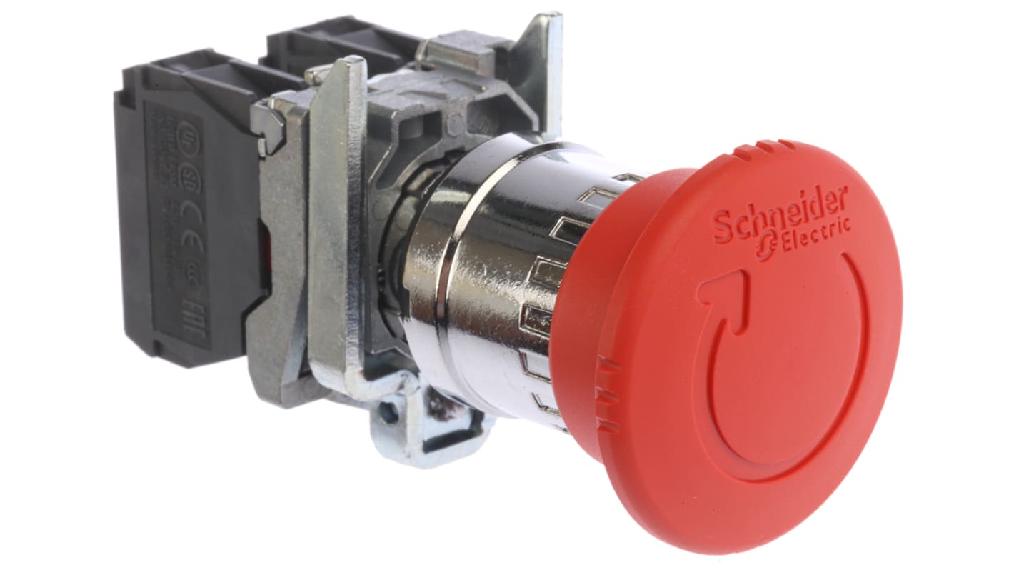 Interruttore a pulsante di arresto di emergenza Schneider Electric XB4BS8445 - Ø 22mm, Serie Harmony XB4. Montaggio a pannello, IP66/IP67/IP69K, rosso. Ideale per industria e ambienti aggressivi.