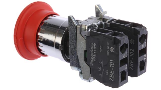 Interruttore a pulsante di arresto di emergenza Schneider Electric XB4BS8445 - Ø 22mm, Serie Harmony XB4. Montaggio a pannello, IP66/IP67/IP69K, rosso. Ideale per industria e ambienti aggressivi.